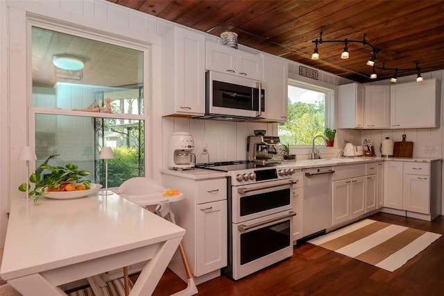 19209 Crooked Ln, Lutz, FL 33548 - kitchen featuring appliances with stainless steel finishes, wooden ceiling, white cabinetry, light countertops, and dark wood-type flooring