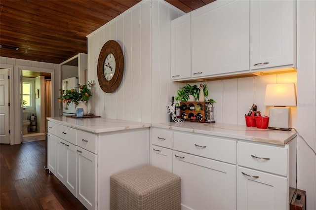 19209 Crooked Ln, Lutz, FL 33548 - kitchen featuring wooden ceiling, dark wood-style floors, white cabinets, light stone counters, and wooden walls