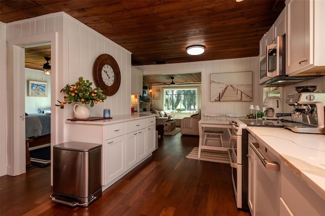 19209 Crooked Ln, Lutz, FL 33548 - kitchen featuring wood ceiling, open floor plan, double oven range, dark wood-type flooring, and white cabinetry