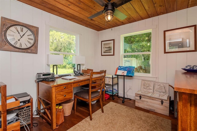 19209 Crooked Ln, Lutz, FL 33548 - office area featuring wooden ceiling, wood finished floors, a ceiling fan, and a decorative wall