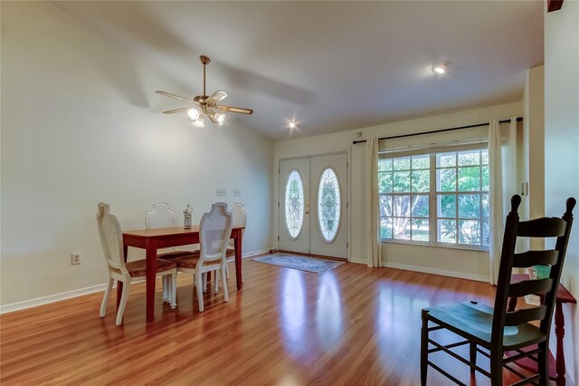 17631 Grove View Dr, Lutz, FL 33549 - foyer featuring light wood finished floors, ceiling fan, and vaulted ceiling