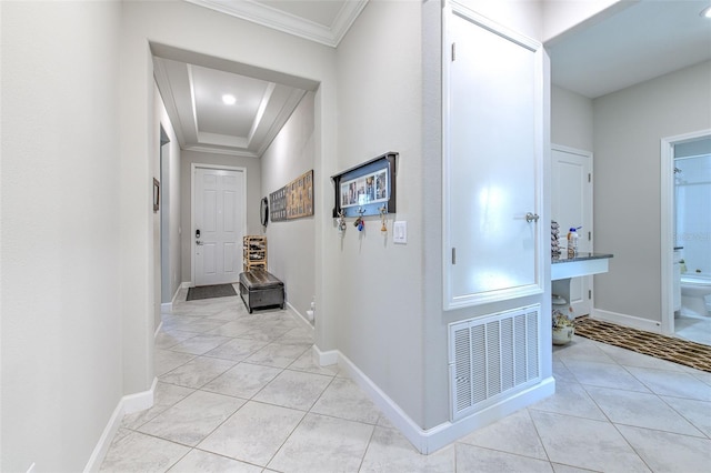 25200 Lambrusco Loop, Lutz, FL 33559 - corridor featuring crown molding and light tile patterned floors