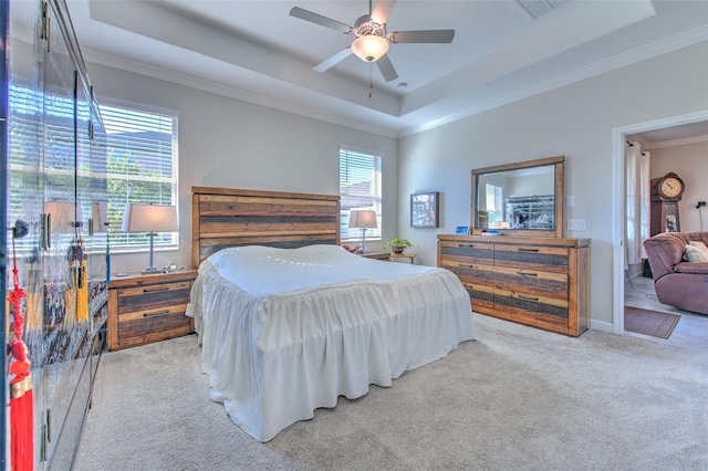 25200 Lambrusco Loop, Lutz, FL 33559 - bedroom with carpet flooring, a tray ceiling, crown molding, and ceiling fan