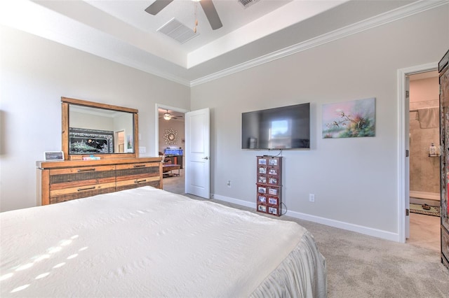 25200 Lambrusco Loop, Lutz, FL 33559 - carpeted bedroom with ornamental molding, a tray ceiling, and a ceiling fan