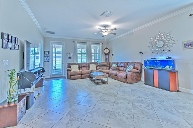 25200 Lambrusco Loop, Lutz, FL 33559 - living room featuring crown molding, a ceiling fan, and tile patterned flooring