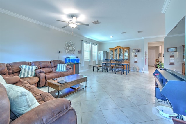 25200 Lambrusco Loop, Lutz, FL 33559 - living room with ornamental molding, a ceiling fan, and light tile patterned floors