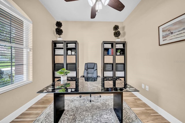 32624 Summerglade Dr, Wesley Chapel, FL 33545 - office featuring light wood-style floors, a ceiling fan, and vaulted ceiling