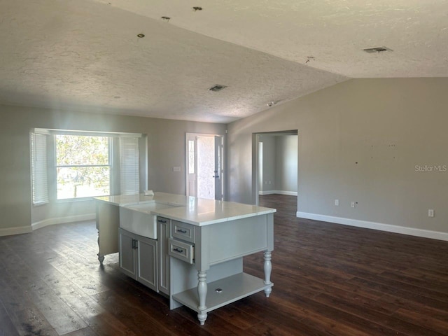 8033 55th St E, Palmetto, FL 34221 - kitchen featuring dark wood-type flooring, a textured ceiling, a kitchen island, light countertops, and open floor plan