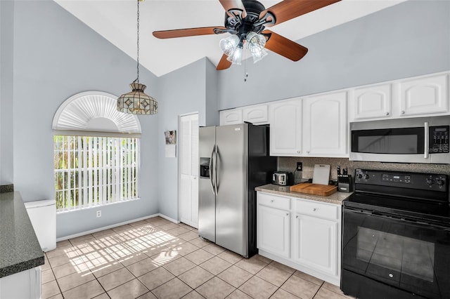 1715 Larabie Ct, Brandon, FL 33511 - kitchen featuring appliances with stainless steel finishes, high vaulted ceiling, ceiling fan, light tile patterned flooring, and white cabinets