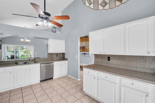1715 Larabie Ct, Brandon, FL 33511 - kitchen featuring dishwasher, high vaulted ceiling, tasteful backsplash, light tile patterned flooring, and a ceiling fan