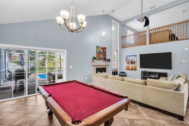 1715 Larabie Ct, Brandon, FL 33511 - game room featuring high vaulted ceiling, tile patterned floors, a tiled fireplace, billiards, and a chandelier