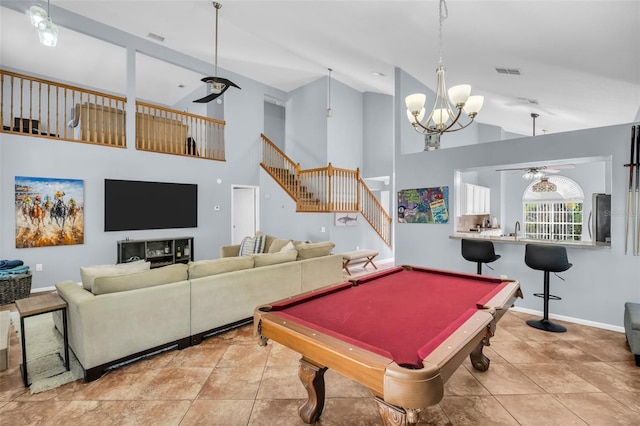 1715 Larabie Ct, Brandon, FL 33511 - recreation room with ceiling fan, a chandelier, high vaulted ceiling, billiards, and tile patterned floors