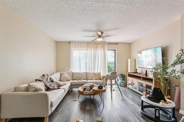 7470 Canterbury St, Spring Hill, FL 34606 - living area with wood finished floors, a ceiling fan, and a textured ceiling