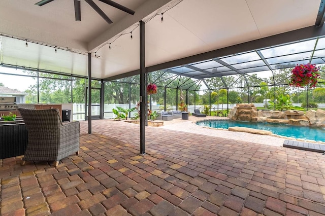 7725 235th St E, Myakka City, FL 34251 - view of patio / terrace featuring ceiling fan, an outdoor pool, and a lanai