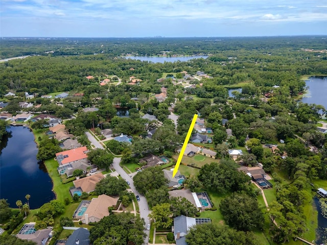 18004 Clear Lake Dr, Lutz, FL 33548 - aerial view of residential area with a nearby body of water and a heavily wooded area