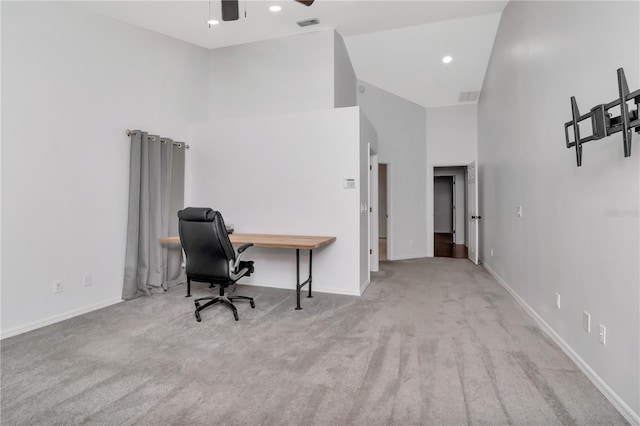 18004 Clear Lake Dr, Lutz, FL 33548 - home office with high vaulted ceiling, carpet, and a ceiling fan