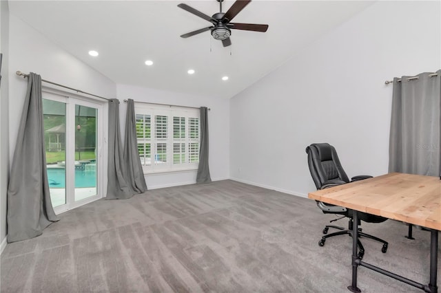 18004 Clear Lake Dr, Lutz, FL 33548 - office space featuring vaulted ceiling, carpet, recessed lighting, and ceiling fan