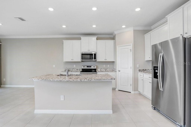 5430 Thistle Field Ct, Wesley Chapel, FL 33545 - kitchen featuring stainless steel appliances, crown molding, an island with sink, white cabinetry, and recessed lighting