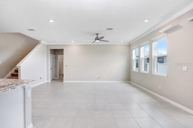 5430 Thistle Field Ct, Wesley Chapel, FL 33545 - unfurnished living room with ceiling fan, ornamental molding, stairs, recessed lighting, and light tile patterned floors