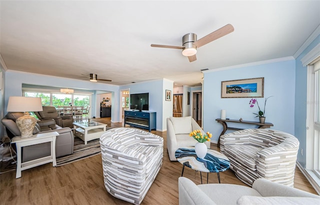 14534 Yacht Club Blvd, Seminole, FL 33776 - living room featuring a ceiling fan, crown molding, and wood finished floors
