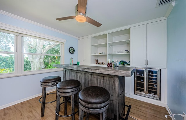 14534 Yacht Club Blvd, Seminole, FL 33776 - indoor dry bar featuring wine cooler, ornamental molding, wood finished floors, and a ceiling fan