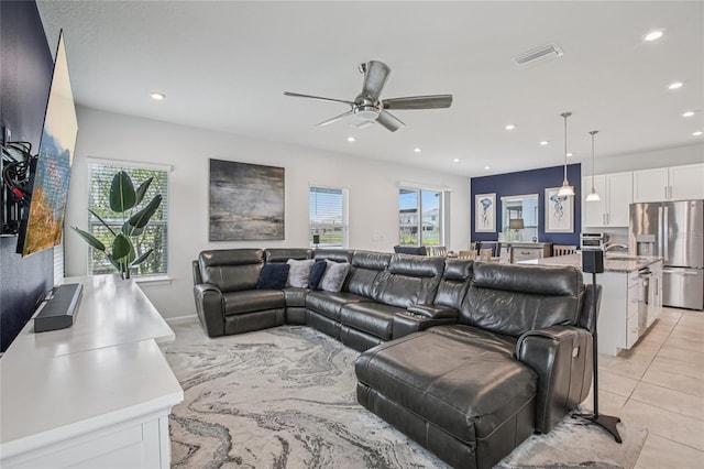10580 Gliding Eagle Way, Land O Lakes, FL 34638 - living area with plenty of natural light, ceiling fan, light tile patterned floors, and recessed lighting