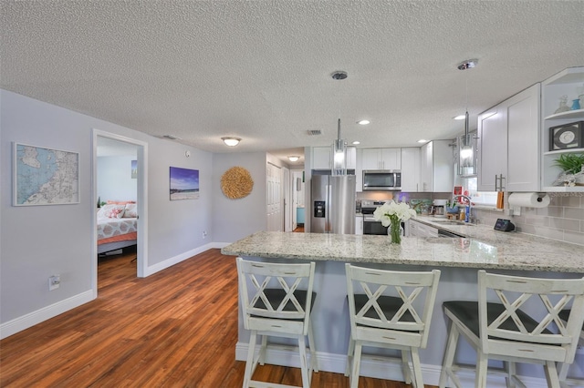 540 Firefly Ln, Apollo Beach, FL 33572 - kitchen with stainless steel appliances, a peninsula, open shelves, light stone countertops, and dark wood-style flooring