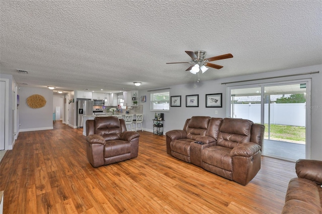 540 Firefly Ln, Apollo Beach, FL 33572 - living area with wood finished floors, ceiling fan, a textured ceiling, and plenty of natural light