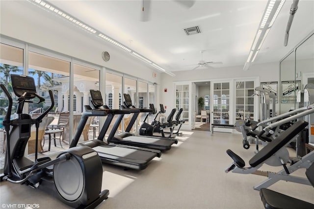19781 Marino Lake Cir Unit 202, Miromar Lakes, FL 33913 - gym with ceiling fan and french doors