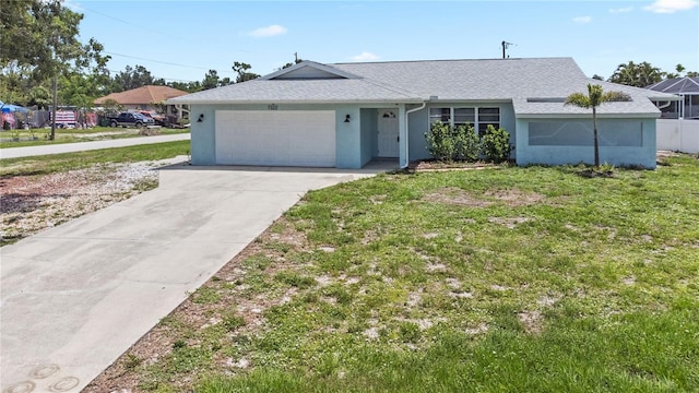 7322 Ellis Ln, Port Charlotte, FL 33981 - ranch-style house with a garage, stucco siding, a front lawn, driveway, and a shingled roof