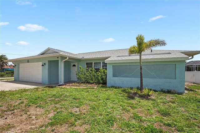 7322 Ellis Ln, Port Charlotte, FL 33981 - ranch-style home with a garage, stucco siding, a front lawn, driveway, and roof with shingles
