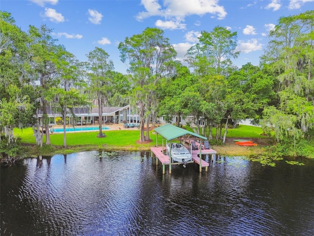 16205 Sentry Woods Ct, Odessa, FL 33556 - dock area featuring boat lift, an outdoor pool, a water view, and a yard
