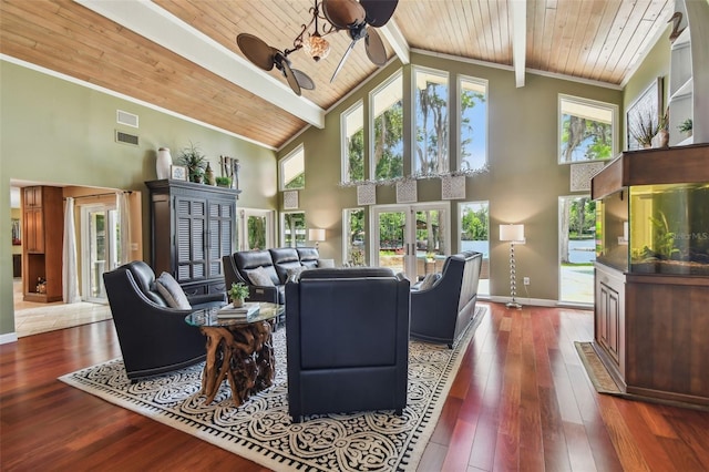 16205 Sentry Woods Ct, Odessa, FL 33556 - living room featuring a wooden ceiling with exposed beams, high vaulted ceiling, hardwood / wood-style floors, and ceiling fan