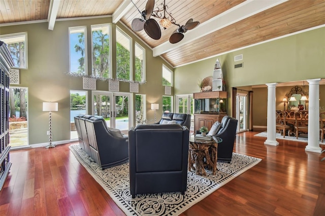 16205 Sentry Woods Ct, Odessa, FL 33556 - living room featuring decorative columns, a wood ceiling with exposed beams, high vaulted ceiling, a ceiling fan, and wood-type flooring