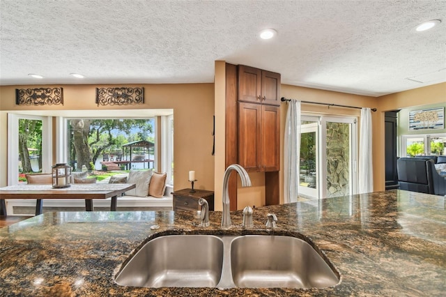 16205 Sentry Woods Ct, Odessa, FL 33556 - kitchen with a textured ceiling, brown cabinetry, dark stone countertops, plenty of natural light, and recessed lighting