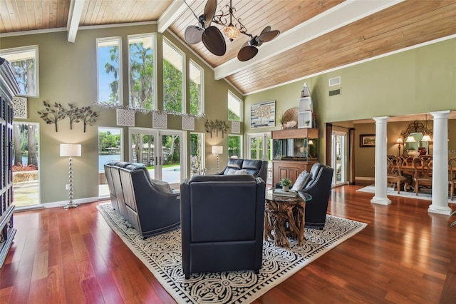 16205 Sentry Woods Ct, Odessa, FL 33556 - living room with ornate columns, a wood ceiling with exposed beams, high vaulted ceiling, a ceiling fan, and wood-type flooring