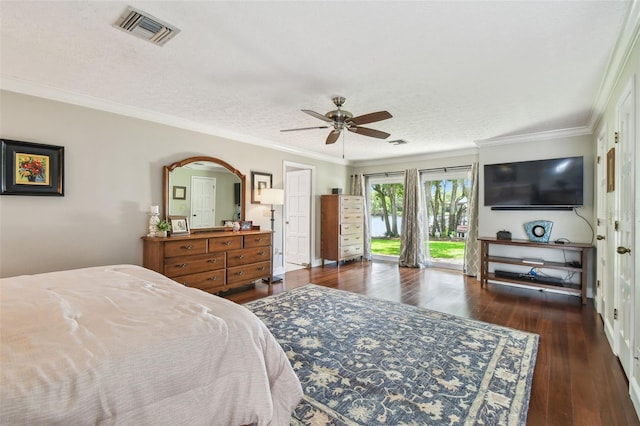 16205 Sentry Woods Ct, Odessa, FL 33556 - bedroom featuring access to outside, hardwood / wood-style flooring, ornamental molding, and a ceiling fan