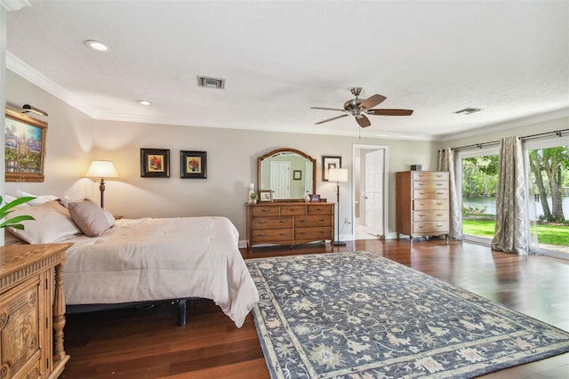 16205 Sentry Woods Ct, Odessa, FL 33556 - bedroom with access to exterior, ornamental molding, wood finished floors, recessed lighting, and ceiling fan