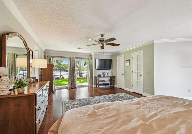 16205 Sentry Woods Ct, Odessa, FL 33556 - bedroom featuring access to exterior, dark wood-style flooring, a textured ceiling, ornamental molding, and multiple closets