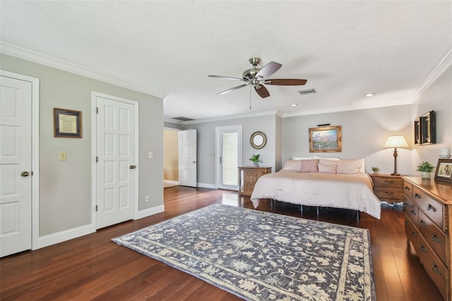 16205 Sentry Woods Ct, Odessa, FL 33556 - bedroom with dark wood finished floors, crown molding, a ceiling fan, and a textured ceiling