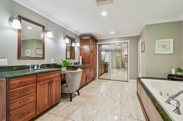 16205 Sentry Woods Ct, Odessa, FL 33556 - full bath with vanity, ornamental molding, a whirlpool tub, marble finish floors, and recessed lighting