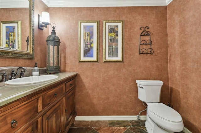 16205 Sentry Woods Ct, Odessa, FL 33556 - bathroom with vanity, ornamental molding, and marble look tiles