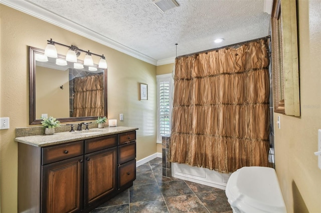 16205 Sentry Woods Ct, Odessa, FL 33556 - bathroom with vanity, shower / bath combo, crown molding, and a textured ceiling