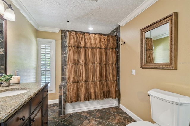 16205 Sentry Woods Ct, Odessa, FL 33556 - full bathroom with crown molding, vanity, a textured ceiling, and shower / bath combination with curtain