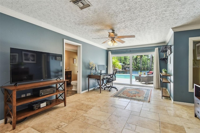 16205 Sentry Woods Ct, Odessa, FL 33556 - office space with ornamental molding, ceiling fan, a textured ceiling, and stone tile flooring