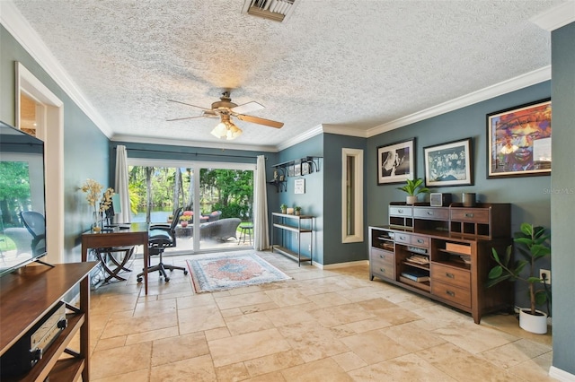 16205 Sentry Woods Ct, Odessa, FL 33556 - living area with a ceiling fan, ornamental molding, stone tile floors, and a textured ceiling
