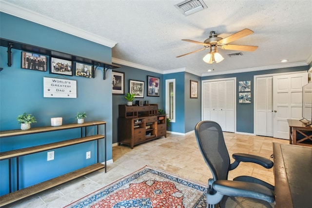 16205 Sentry Woods Ct, Odessa, FL 33556 - office space featuring ceiling fan, a textured ceiling, crown molding, stone finish floors, and recessed lighting