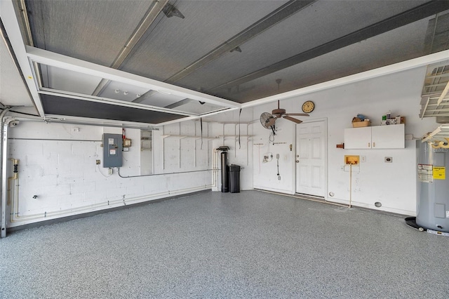 6400 46th Ave N Unit 61, Kenneth City, FL 33709 - garage with electric water heater, electric panel, and a ceiling fan