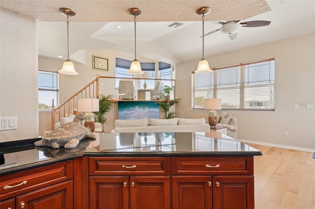 6543 Louise Ct, Hudson, FL 34667 - kitchen featuring light wood-type flooring, dark countertops, ceiling fan, hanging light fixtures, and reddish brown cabinets