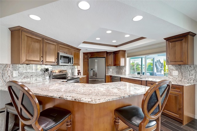 9619 Towanda Ln, Port Richey, FL 34668 - kitchen featuring appliances with stainless steel finishes, a raised ceiling, a peninsula, a kitchen breakfast bar, and tasteful backsplash